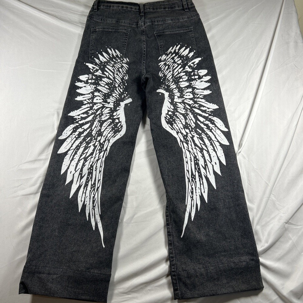 Bamboo Black Rhinestone Angel Wings Wide Leg High Rise Jeans Size 9 Good